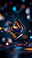 Abstract metallic cube with reflective surfaces floating against dark background with colorful bokeh lights, creating futuristic and dynamic composition with orange and blue accents.