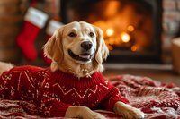 Smiling Golden Retriever wearing red Christmas sweater lying on blanket near fireplace with hanging stocking and warm holiday lights in background.