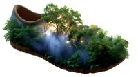 Surreal garden shoe concept with lush forest growing inside brown footwear, mystical fog and sunlight streaming through trees, isolated on white background.