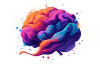 Colorful brain illustration with vibrant gradient waves in orange, pink, purple and blue tones, surrounded by watercolor splatter dots on white background.