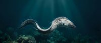 Large sea serpent swimming through deep ocean waters with coral reef formations below creating mysterious underwater scene for marine fantasy concepts.
