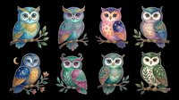 Colorful owls with decorative patterns isolated on transparent background, ready for t-shirt design, clipart, stickers, sublimation, print-on-demand products and digital crafts.