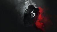 Romantic couple silhouette embracing against dramatic red and white paint splash background on dark surface for love themed designs.