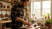 Middle-aged Caucasian man in plaid shirt chopping vegetables on wooden cutting board in rustic farmhouse kitchen with copper pots and natural lighting.