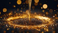 Glowing golden liquid stream creates magical splash with sparkling particles and bokeh effect against dark background, luxury cosmetic concept.