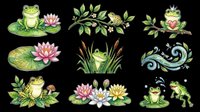 Green frog sitting on lily pad with pink water lily flower, isolated on transparent background, ready for t-shirt design, clipart, stickers, sublimation and print-on-demand products.