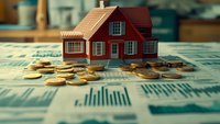 Red house model surrounded by gold coins on financial charts and graphs, illustrating real estate investment and property market analysis in warm lighting.