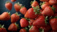 Fresh ripe strawberries falling with water drops against dark background, macro shot showing detailed texture and natural juicy appearance of red berries.