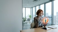 Professional businesswoman using holographic technology interface in modern office with city skyline view for futuristic workplace concepts.