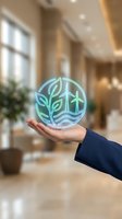 Hand holding glowing neon circular icon with leaf, wind turbine and water wave symbols representing renewable energy and sustainability in modern office environment.