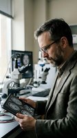 Middle-aged Caucasian male scientist with beard and glasses examining medical scans in modern laboratory with microscope equipment for research analysis.