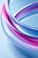 Flowing curved lines in pink, purple and blue create dynamic abstract composition with smooth gradient transitions and glossy metallic effect on light background.