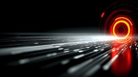 Abstract digital tunnel with glowing red circular portal and streaming light rays creating futuristic cyber space for technology presentations.