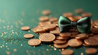 Green bow tie on pile of shiny copper coins with scattered gold glitter on dark emerald background, creating luxurious financial composition.