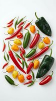 Colorful assortment of fresh hot peppers including jalapeno, habanero, and chili varieties isolated on white background for food design.