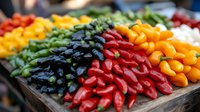 Fresh colorful bell peppers arranged in diagonal rows showing vibrant red, yellow, green and purple varieties on rustic wooden surface, ready for cooking or food service.