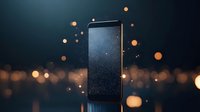 Modern smartphone floating in dark space with glowing orange bokeh lights and particles creating magical atmosphere for technology advertising.