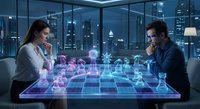 Business professionals playing holographic chess in modern office with city skyline view at night representing strategic thinking and corporate competition.