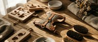 Wooden eco-friendly beauty tools and accessories arranged on rustic table with natural lighting for sustainable skincare routine and wellness.