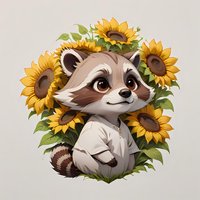 Adorable cartoon raccoon character surrounded by bright yellow sunflowers and green leaves, smiling with big brown eyes on light background. Suitable for children's design.