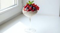 Chia seed pudding topped with fresh berries and mint in elegant glass, healthy breakfast dessert on white windowsill for wellness lifestyle content.