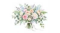 Watercolor wedding bouquet with pink roses, white flowers, eucalyptus and lavender tied with ribbon on white background for bridal design projects.