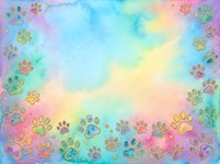 Watercolor gradient background with pastel rainbow colors transitioning from pink, purple, blue, yellow and green, decorated with colorful paw prints border, isolated on white for design projects.