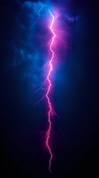 Dramatic lightning bolt strikes through stormy night sky with electric blue and purple colors creating powerful atmospheric energy display.