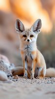 Adorable fennec fox kit sitting on sandy ground with warm golden sunset light creating soft bokeh background in natural desert habitat.