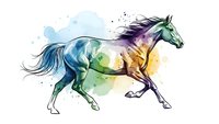 Watercolor horse galloping with vibrant rainbow colors and artistic paint splashes on white background for creative design projects.