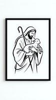 Shepherd holding lamb with staff in minimalist line art style, framed artwork on white wall ready for home decor and religious themed interior design projects.