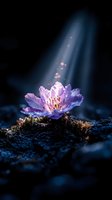 Purple flower blooming in moonlight with water drops, illuminated by mystical blue light beam against dark background, creating magical nature atmosphere.