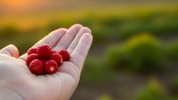 Fresh red raspberries in open palm during golden hour sunset with blurred natural background for healthy eating and organic food concepts.