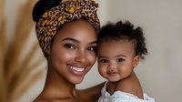 African American mother wearing traditional headwrap embraces smiling baby against neutral background, capturing tender family moment and maternal bond in warm tones.