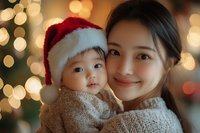 Asian mother and baby wearing santa hat share tender moment against blurred Christmas lights background, creating warm holiday atmosphere and family connection.