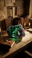 Vintage scholar's desk with glowing green and purple crystal gemstone surrounded by ancient books, maps, quill pen and candlelight in medieval study room.
