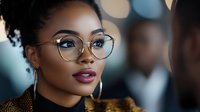 Young African American businesswoman with glasses looking confident in modern office environment for professional corporate presentations.