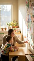 Smiling young Caucasian female teacher pointing at colorful children artwork on classroom wall while sitting with a toddler boy in sunny preschool.