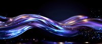 Luminous flowing waves with purple and blue light effects against dark background, sparkling particles creating dynamic motion and energy stream pattern.