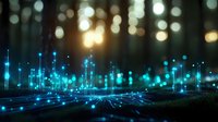 Young professional male, Caucasian ethnicity, analyzing financial data on digital holographic display with glowing blue stock market charts and cityscape overlay in modern office setting.