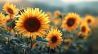 Vibrant sunflowers in field at golden hour, with bright yellow petals and dark centers against blurred background, creating dreamy summer atmosphere.