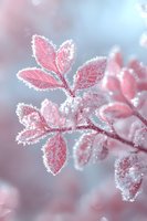 Delicate pink leaves covered in crystalline frost create magical winter scene with soft bokeh background, capturing nature's ethereal beauty in pastel tones.