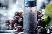 Cosmetic bottle with water droplets surrounded by fresh red grapes and green leaves on wet surface for skincare and beauty product advertising.