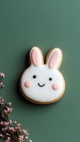 Cute bunny sugar cookie with white icing, pink ears and rosy cheeks on green background with delicate pink flowers. For Easter, spring celebrations and baking.