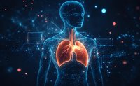 Glowing anatomical visualization of human respiratory system with heart and lungs highlighted in orange against blue digital body outline on dark background.