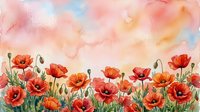 Watercolor red poppy flowers field with soft pastel sky background. Spring meadow botanical illustration for home decor and nature design projects.