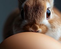 Close up portrait of adorable brown and white bunny rabbit with soft fur and large expressive eyes against dark background, showing gentle curious expression.