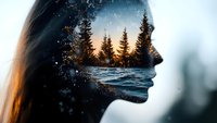 Silhouette of woman with long hair filled with winter forest landscape, snow-covered trees, and frozen river at sunset, double exposure effect for creative design projects.