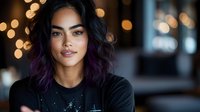 Young Asian woman with purple ombre hair smiling confidently at camera. Soft bokeh lights create warm atmosphere. Modern style portrait shows authentic expression.