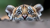 Adorable tiger cub with striking blue eyes and distinctive stripes peeking over surface, perfect for wildlife and nature projects.